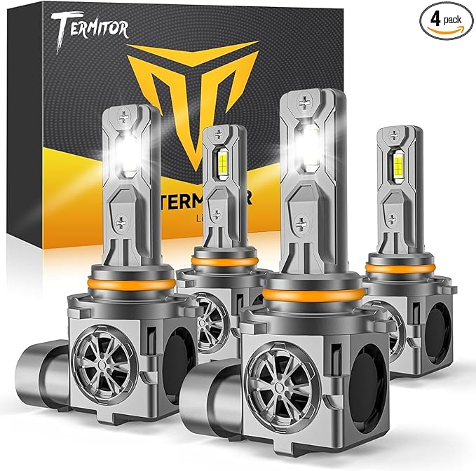 Termitor Combo de bombillas 9005 9006, 120,000 lm 12 luces antiniebla superbrillantes HB3 HB4 6500K blanco frío, tamaño mini halógeno 1:1, 70,000 horas de vida útil, Plug and Play, paquete de 4