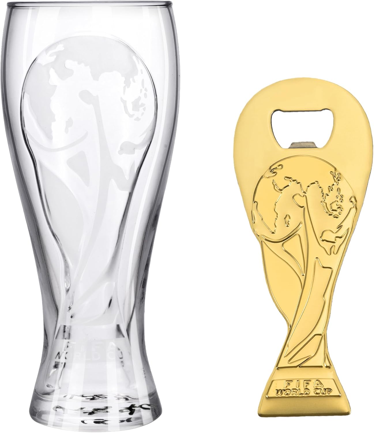 Edición oficial de la Copa Mundial de la FIFA 2026 – Vaso de cerveza Pilsner de 17 onzas y juego de regalo de abrebotellas de trofeo de 6 pulgadas – 1 de cada uno – Perfecto para fiestas, Mancaves