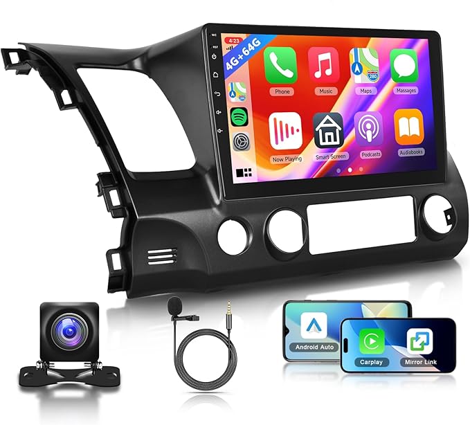 4G+64G Radio for Honda Civic 2006 2007 2008 2009 2010 2011 Car Stereo, Wireless CarPlay Android Auto 10.1 Inch IPS Touch Screen Android 13 GPS WiFi Bluetooth DSP Audio HD Backup Camera