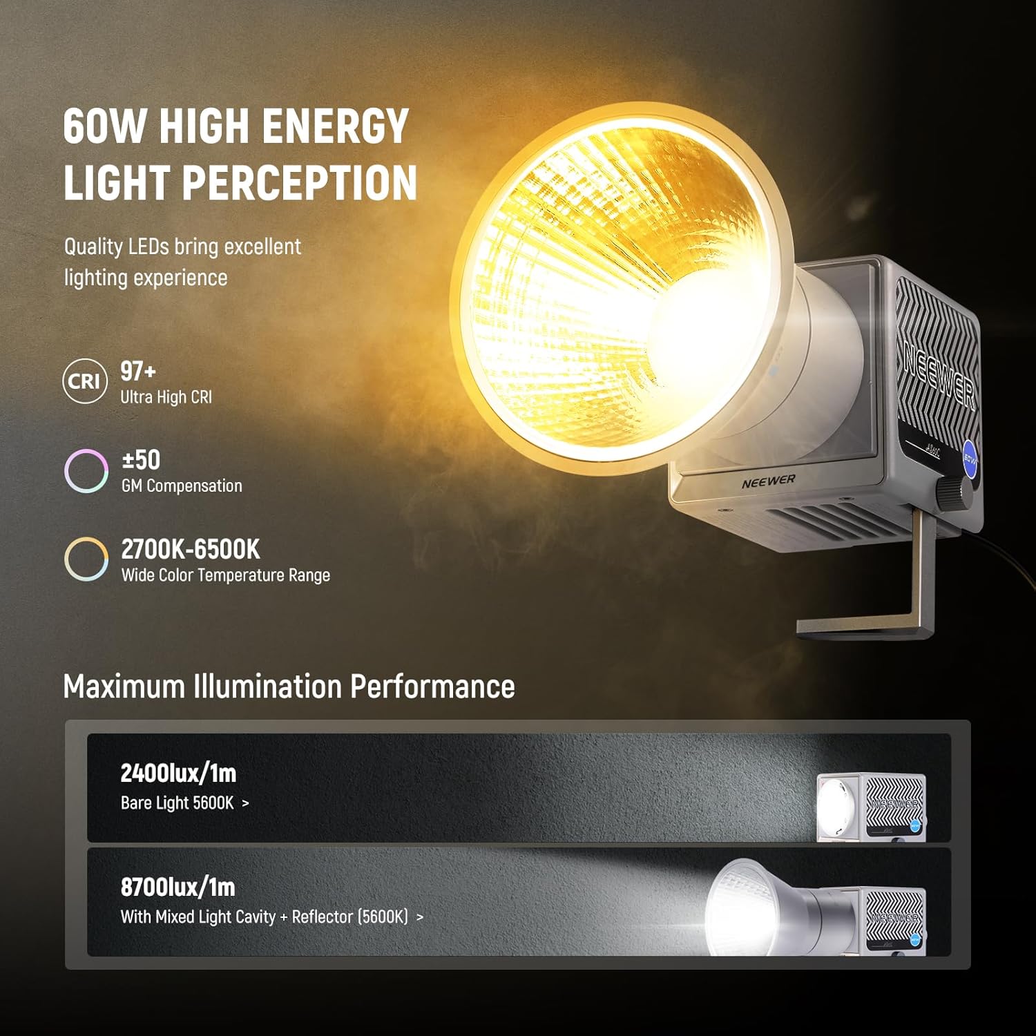 NEEWER 60W Portable RGB LED Video Light Handheld Fill Light, APP/2.4G/Panel Control 18 Scenes 8700Lux/1m 2700-6500K CRI97+ Dimmable COB Continuous Output Lighting for Video Recording Streaming, HS60C