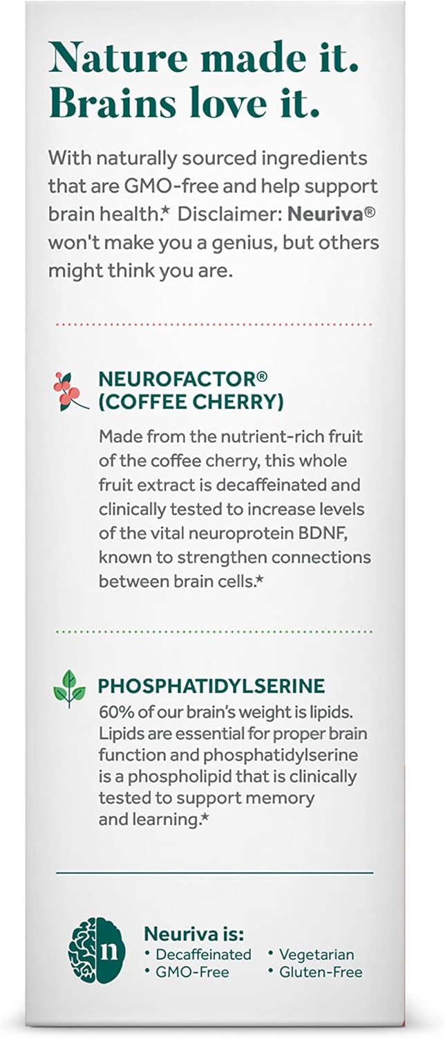 NEURIVA Suplemento cerebral original para memoria, enfoque y concentración, aprendizaje y precisión con nootrópicos clínicamente probados, fosfatidilserina y neurofactor, sin cafeína, cápsulas de 30 unidades
