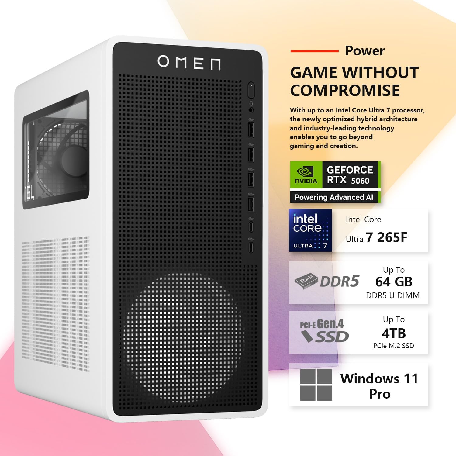 HP OMEN 16L TG03 Pro Business Gaming Desktop, Intel Ultra 7 265F (Beats i7-14700F), NVIDIA RTX 5060, 32GB DDR5 RAM, 1TB SSD, estación de trabajo para creación, paquete con teclado Thunderobot KG3089R