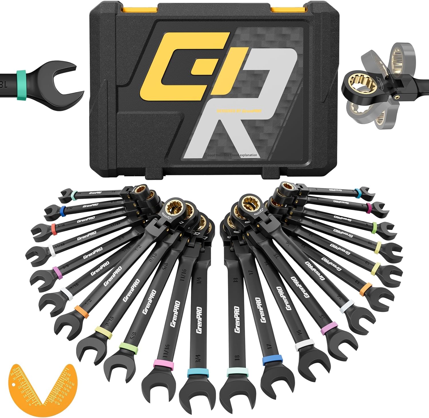 GRENPRO Ratchet Wrenches Set, 23PCS Flex Head Ratcheting Wrench Set Metric and Standard & SAE with Color Ring, 6-18mm & 1/4"-3/4", Mechanics Tool Box Organizer, Large Open End Combination Wrench Sets