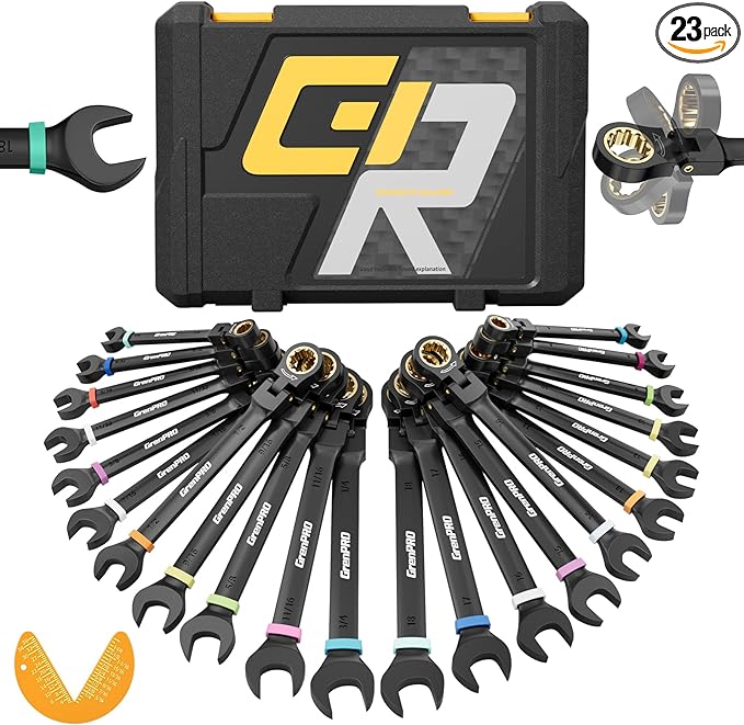 GRENPRO Ratchet Wrenches Set, 23PCS Flex Head Ratcheting Wrench Set Metric and Standard & SAE with Color Ring, 6-18mm & 1/4"-3/4", Mechanics Tool Box Organizer, Large Open End Combination Wrench Sets