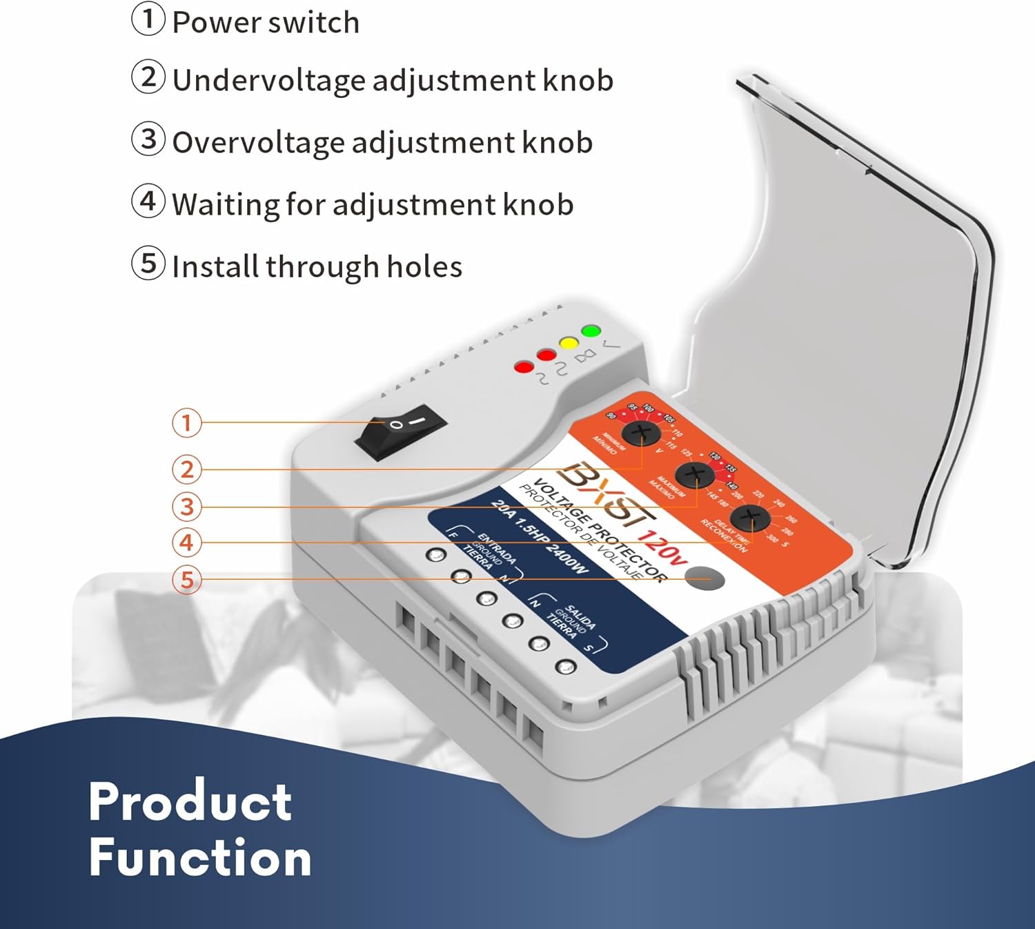 BXST Protector de sobretensión, regulador de voltaje de 20A, salida de protección contra sobretensiones de cableado resistente para refrigerador, TV, computadora y electrodomésticos, ajustable