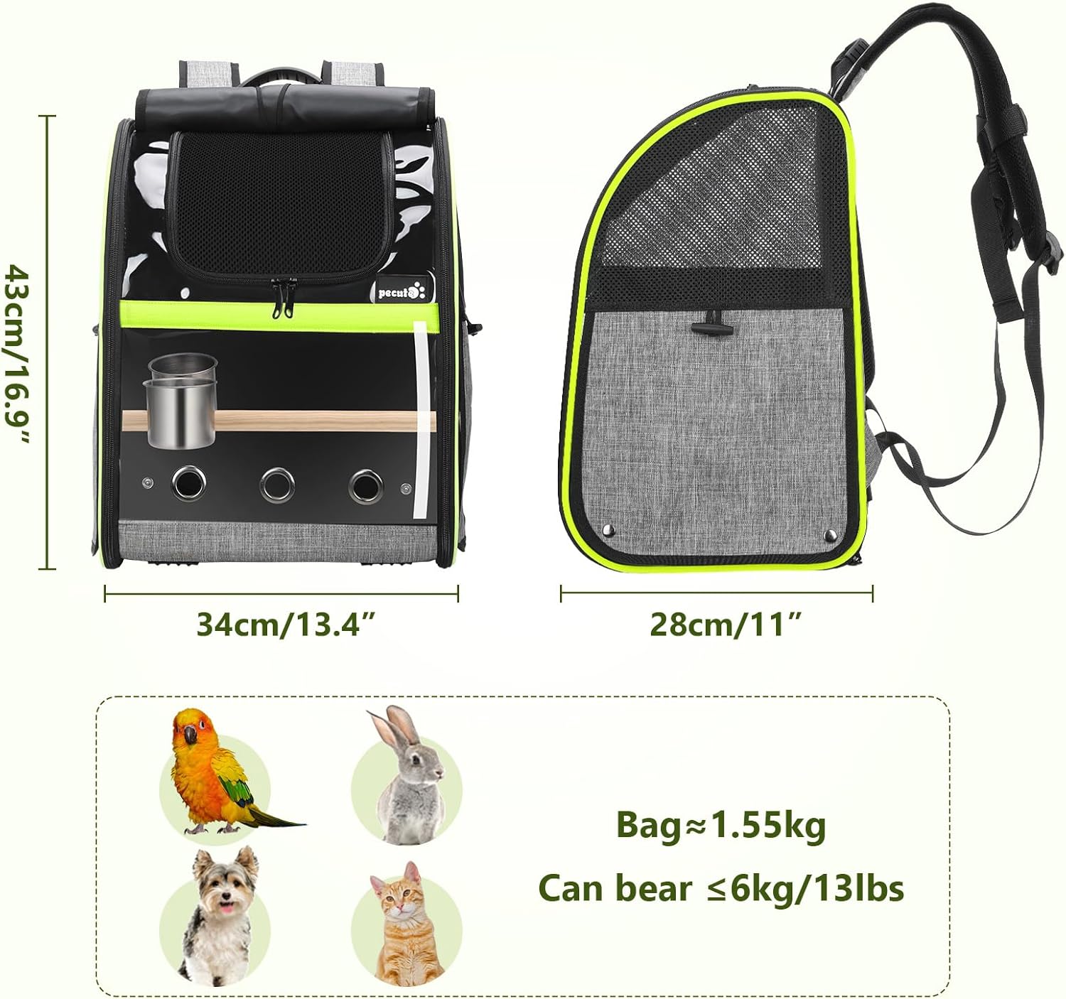Pecute Mochila transportadora de pájaros, mochila de pájaros loros con ventana visible, percha de pie de altura ajustable, latas de alimentación, almohadillas impermeables, jaula de viaje plegable ligera para pájaros para senderismo, campamento