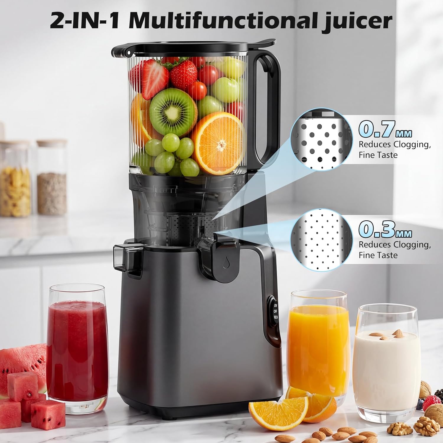 Máquinas exprimidoras con canal de alimentación grande de 5.8 pulgadas, exprimidor de prensa en frío para verduras y frutas enteras de 400 W, exprimidor de masticación lenta Máquina extractora de jugo