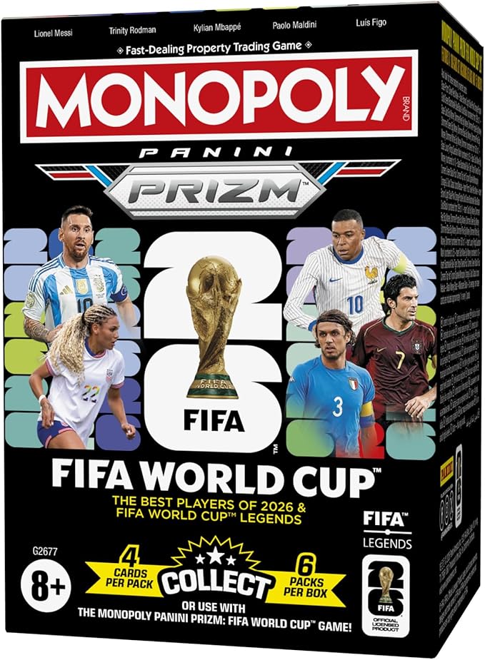 Monopoly Panini Prizm: Caja de refuerzo de cartas coleccionables de la Copa Mundial de la FIFA | Estrellas actuales y leyendas de la Copa Mundial de la FIFA | Regalos para los fanáticos del fútbol