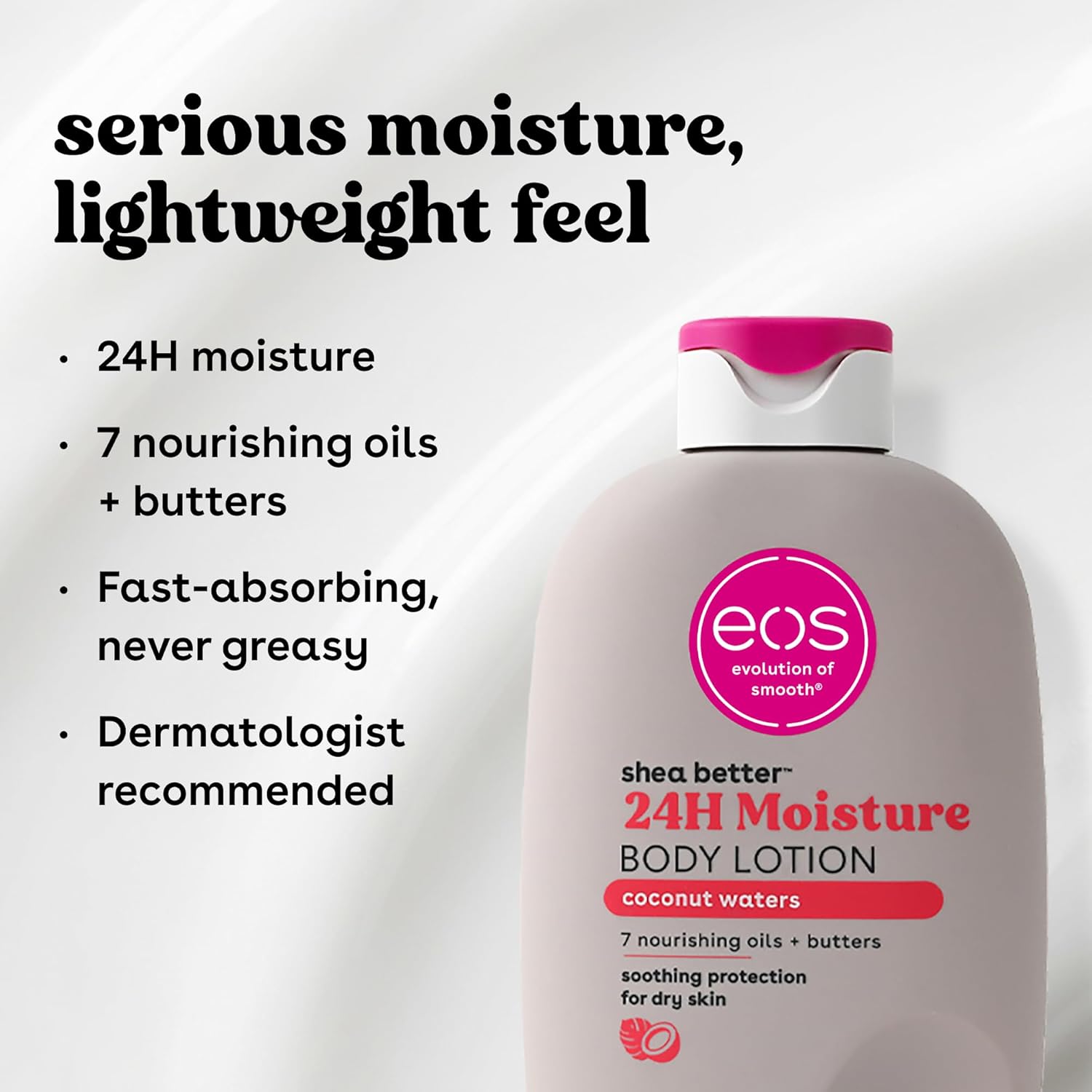 eos Shea Better Loción corporal Coconut Waters, cuidado de la piel con humedad las 24 horas, ligera y no grasosa, karité natural, vegano, loción corporal de coco, 16 onzas líquidas