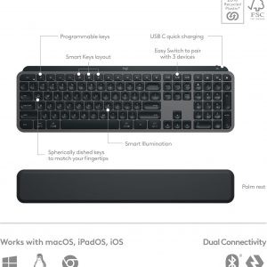 Logitech MX Keys S Combo - Performance Wireless Keyboard and Mouse with Palm Rest, Customizable Illumination, Fast Scrolling, Bluetooth, USB C, for Windows, Linux, Chrome, Mac,Color Graphite.
