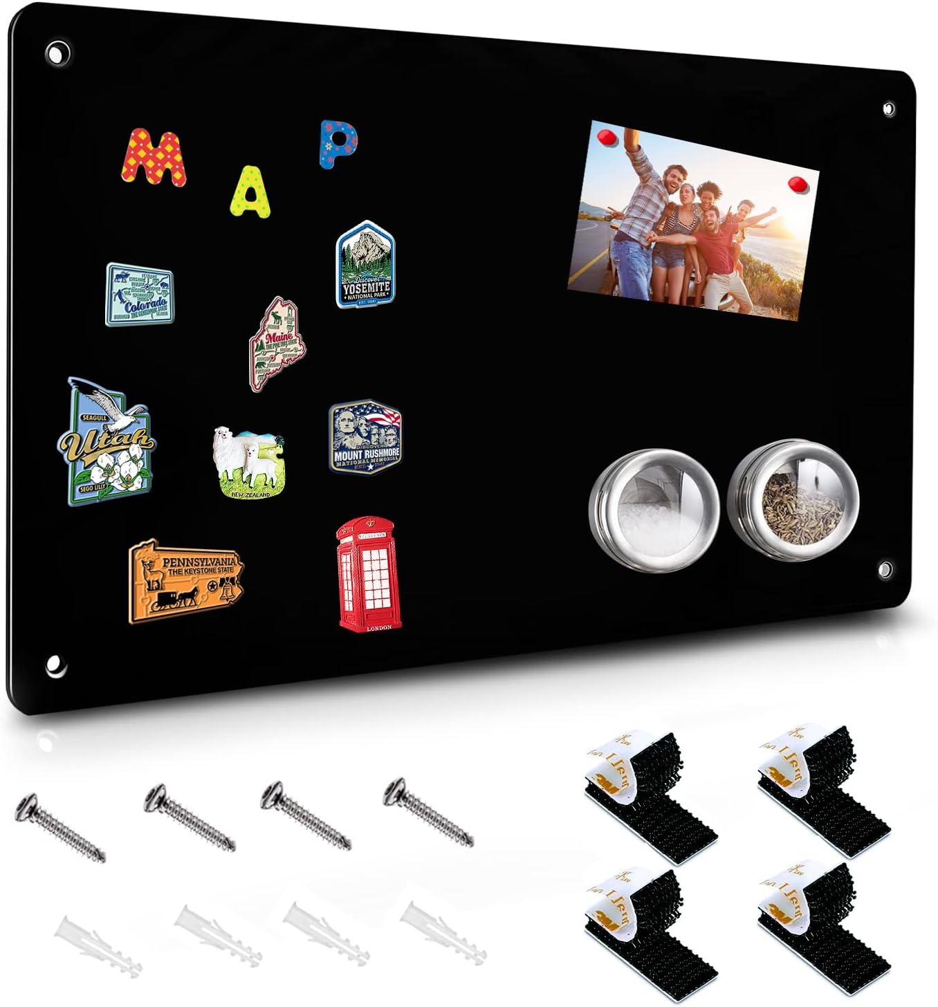 Pizarra magnética negra, tablero de anuncios magnético de 17.5" x 11.4" para mostrar notas magnéticas, poesía, fotos, adecuado para pared, refrigerador, gabinete, etc., viene con 4 piezas de cinta de