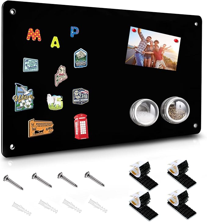 Pizarra magnética negra, tablero de anuncios magnético de 17.5" x 11.4" para mostrar notas magnéticas, poesía, fotos, adecuado para pared, refrigerador, gabinete, etc., viene con 4 piezas de cinta de