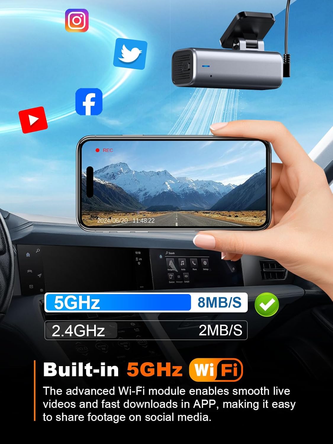 galphi Cámara frontal 4K, WiFi 5G integrado, tarjeta de 64 GB incluida, cámara de tablero para automóviles, mini cámara de tablero con visión súper nocturna, grabación en bucle, sensor G, monitor de