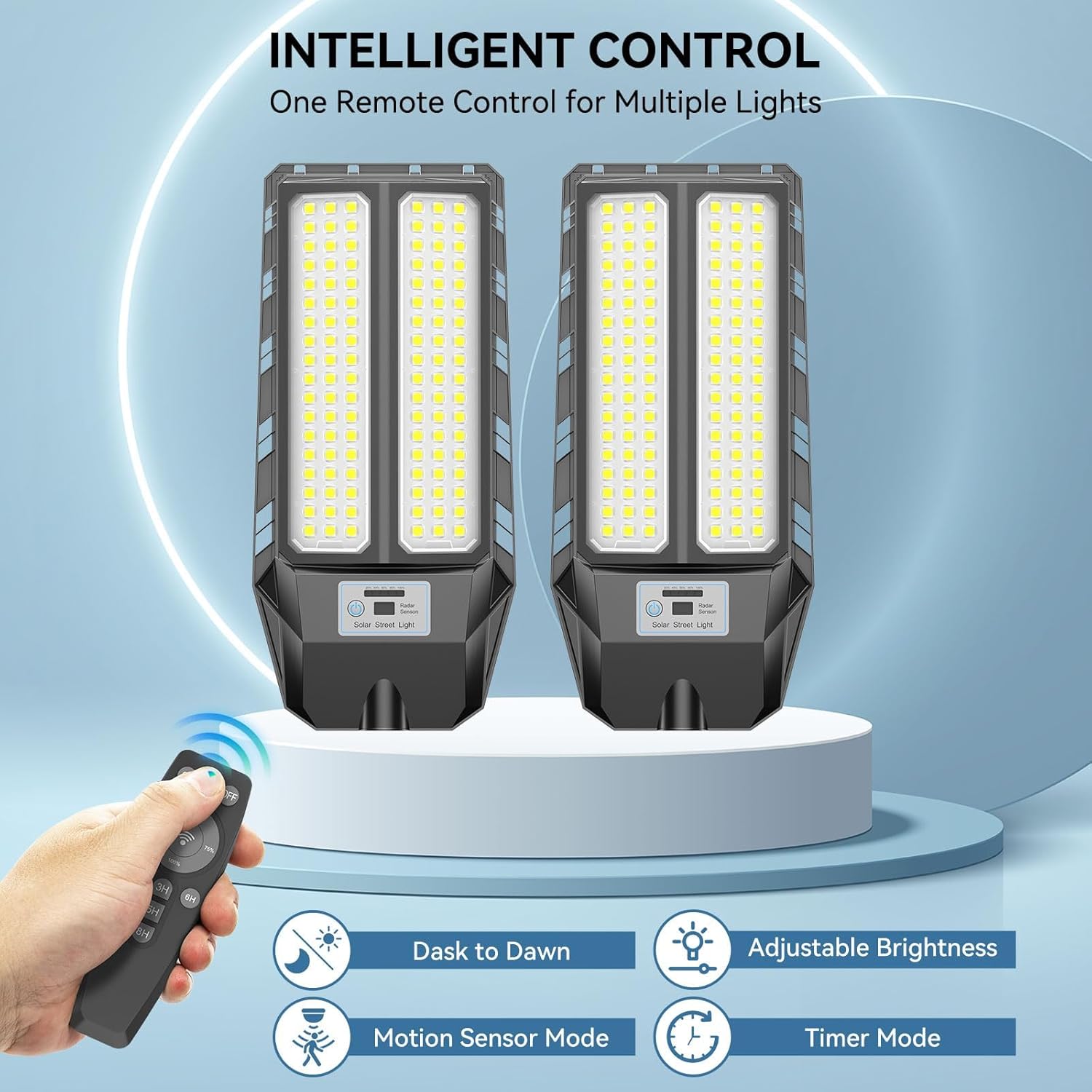 VOOJOY Solar Street Lights Outdoor, 7000K Solar Light Outdoor LED Street Light Dusk to Dawn, LED Wide Angle Lamp with Motion Sensor and Remote Control, for Parking Lot, Yard, 5000W, 2 Pack