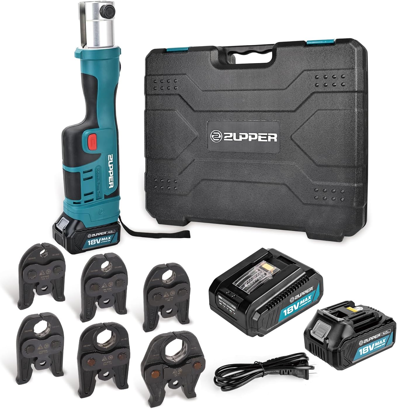 ZUPPER Standard Pro Press Tool kit with 6 Copper Pro Press Jaws 1/2" to 2", 2pcs 4AH Battery, Fast Charger & Carrying Case