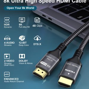 Certified 10K 8K HDMI 2.1 Cable 10 FT, 48Gbps Ultra High Speed HDMI® Cord Ethernet CEC 4K 240Hz 165Hz 144Hz 120Hz 8K 60Hz eARC Netflix HDCP2.3 HDR10+ PC Laptop RTX5090 TV Monitor Projector X-box PS5