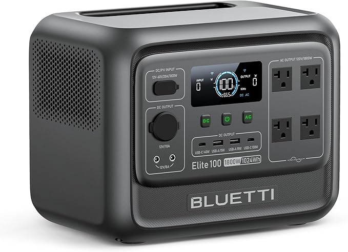 BLUETTI Elite 100 V2 Estación de Energía Portátil (2025 Nueva), Batería de Respaldo LiFePO4 de 1024Wh con 4 Tomas de CA de 1800W (3600W Pico), 35% Más Pequeña, Generador Solar para Camping