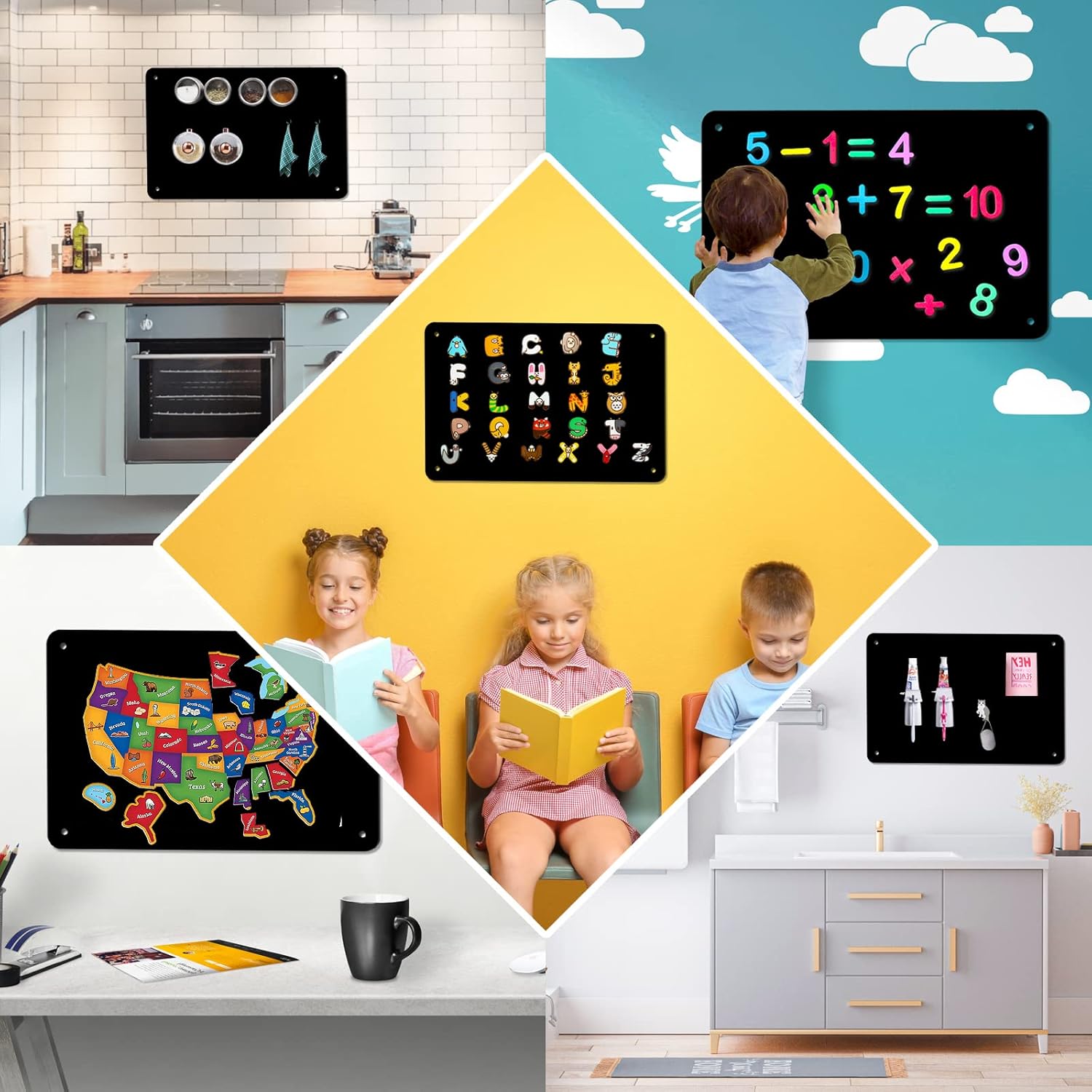 Pizarra magnética negra, tablero de anuncios magnético de 17.5" x 11.4" para mostrar notas magnéticas, poesía, fotos, adecuado para pared, refrigerador, gabinete, etc., viene con 4 piezas de cinta de