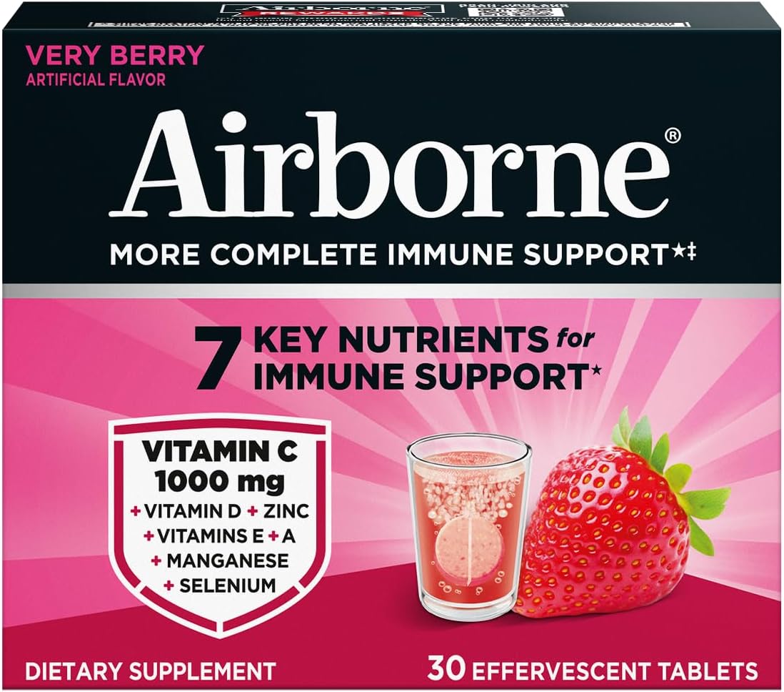 Airborne Variety Pack 1000mg Vitamin C with Vitamin D & Zinc, Sugar Free Multivitamin Immune Support Supplement, Antioxidants Vitamins A C & Vitamin E, 30 Effervescent Tablets, Citrus + Verry Berry