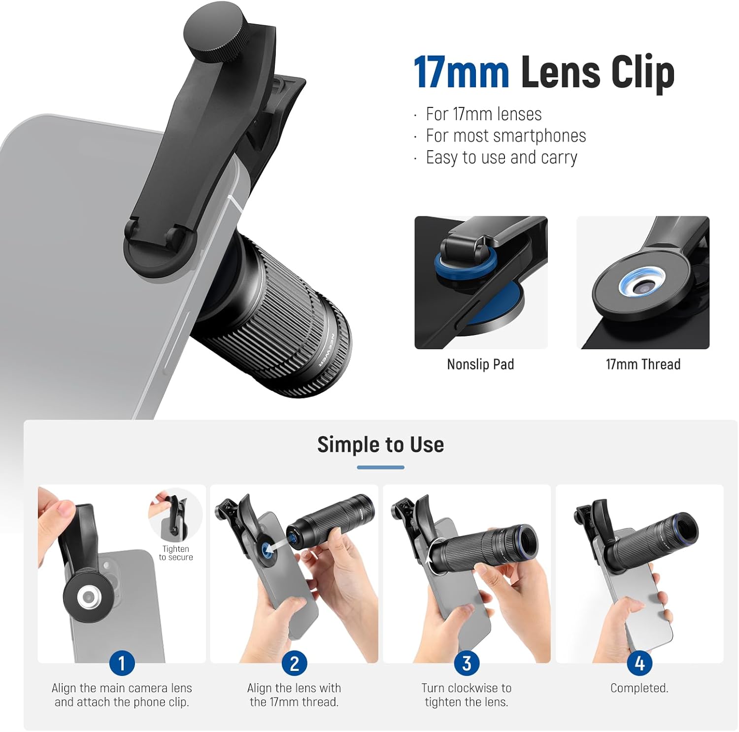 NEEWER 7X Telephoto Lens with Phone Lens Clip Compatible with iPhone Samsung, 15 Elements 12 Groups 7X Magnification Phone Lens for 17mm Thread Phone Cage/Phone Case/Backplate, LS-36 PRO