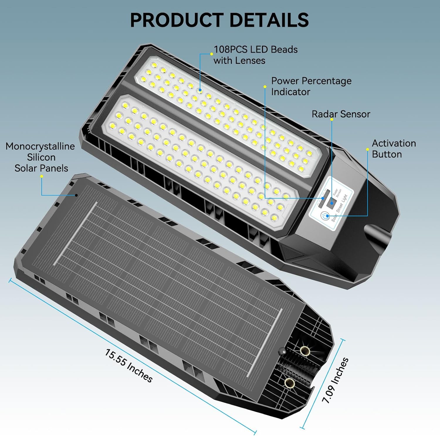 VOOJOY Solar Street Lights Outdoor, 7000K Solar Light Outdoor LED Street Light Dusk to Dawn, LED Wide Angle Lamp with Motion Sensor and Remote Control, for Parking Lot, Yard, 5000W, 2 Pack