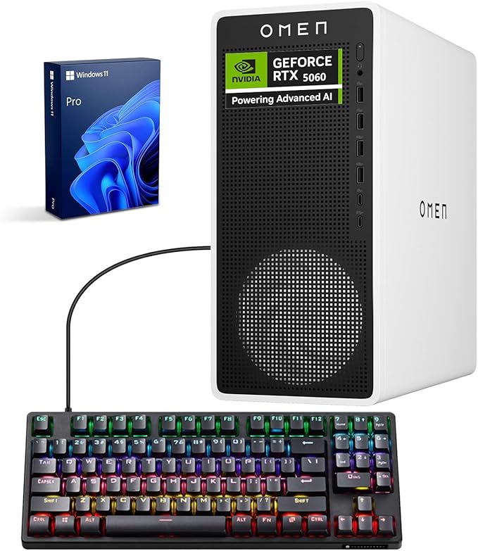HP OMEN 16L TG03 Pro Business Gaming Desktop, Intel Ultra 7 265F (Beats i7-14700F), NVIDIA RTX 5060, 32GB DDR5 RAM, 1TB SSD, estación de trabajo para creación, paquete con teclado Thunderobot KG3089R
