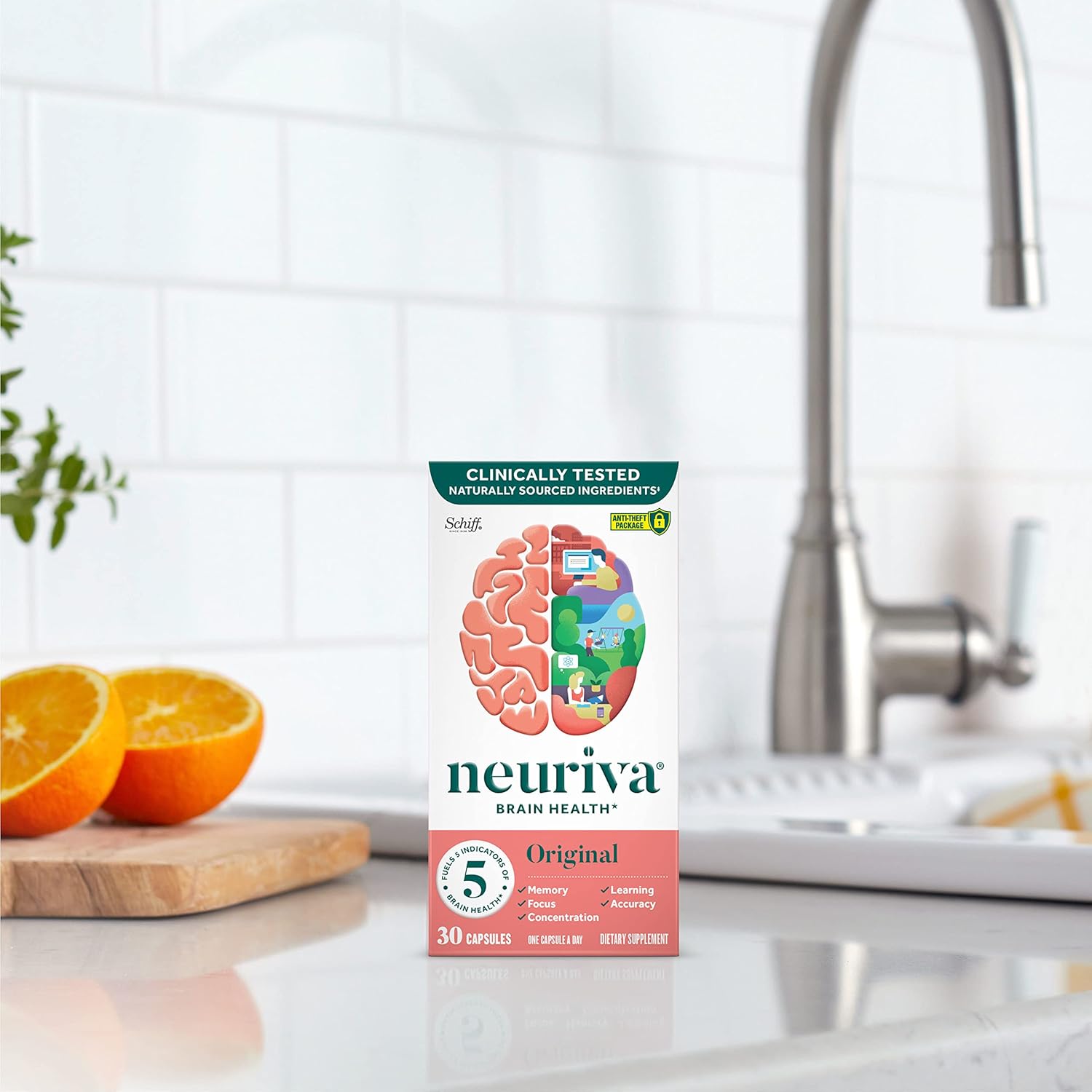 NEURIVA Suplemento cerebral original para memoria, enfoque y concentración, aprendizaje y precisión con nootrópicos clínicamente probados, fosfatidilserina y neurofactor, sin cafeína, cápsulas de 30 unidades