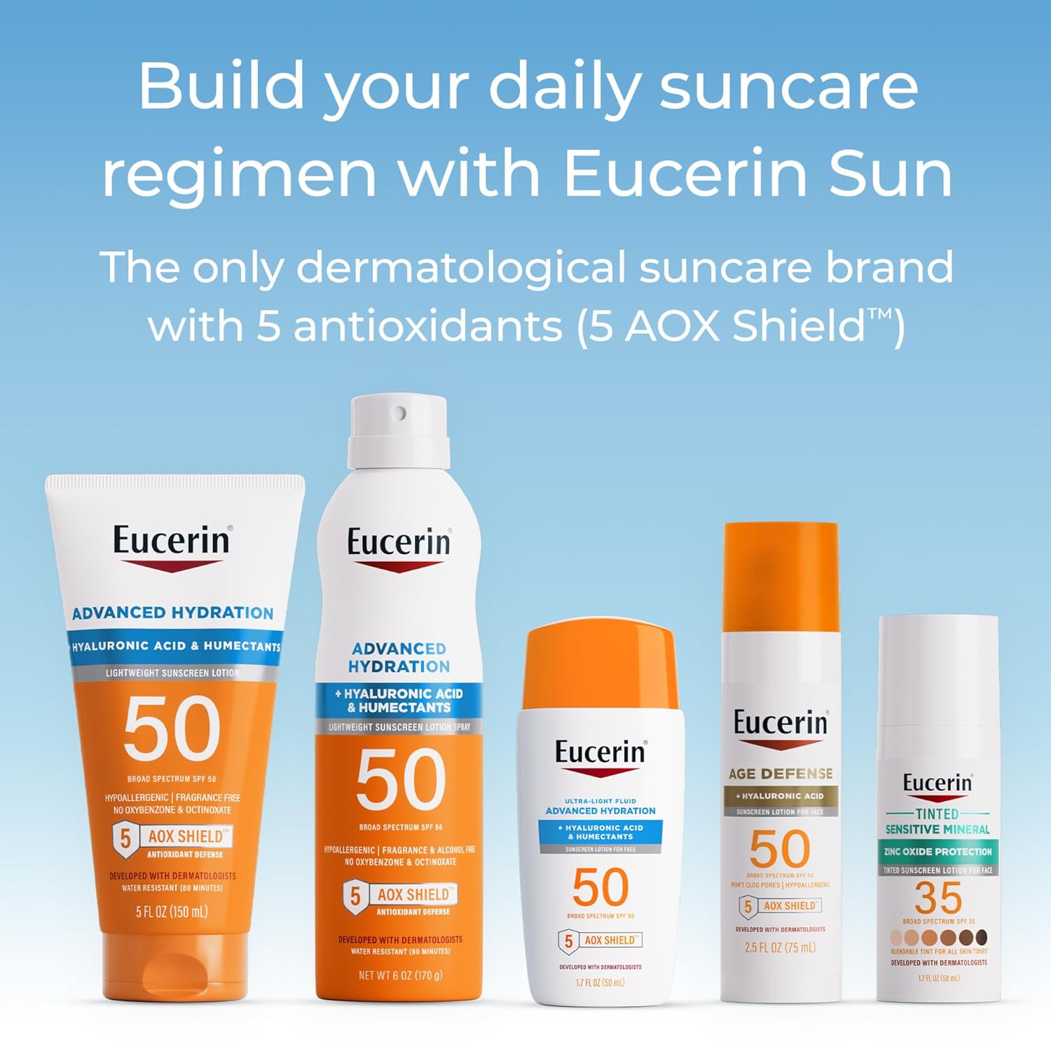 Eucerin Sun Age Defense SPF 50 Face Sunscreen Lotion with Hyaluronic Acid, Hypoallergenic, Non-Comedogenic Sunscreen SPF 50 Free of Fragrance, Oxybenzone and Octinoxate, 2.5 Fl Oz Bottle