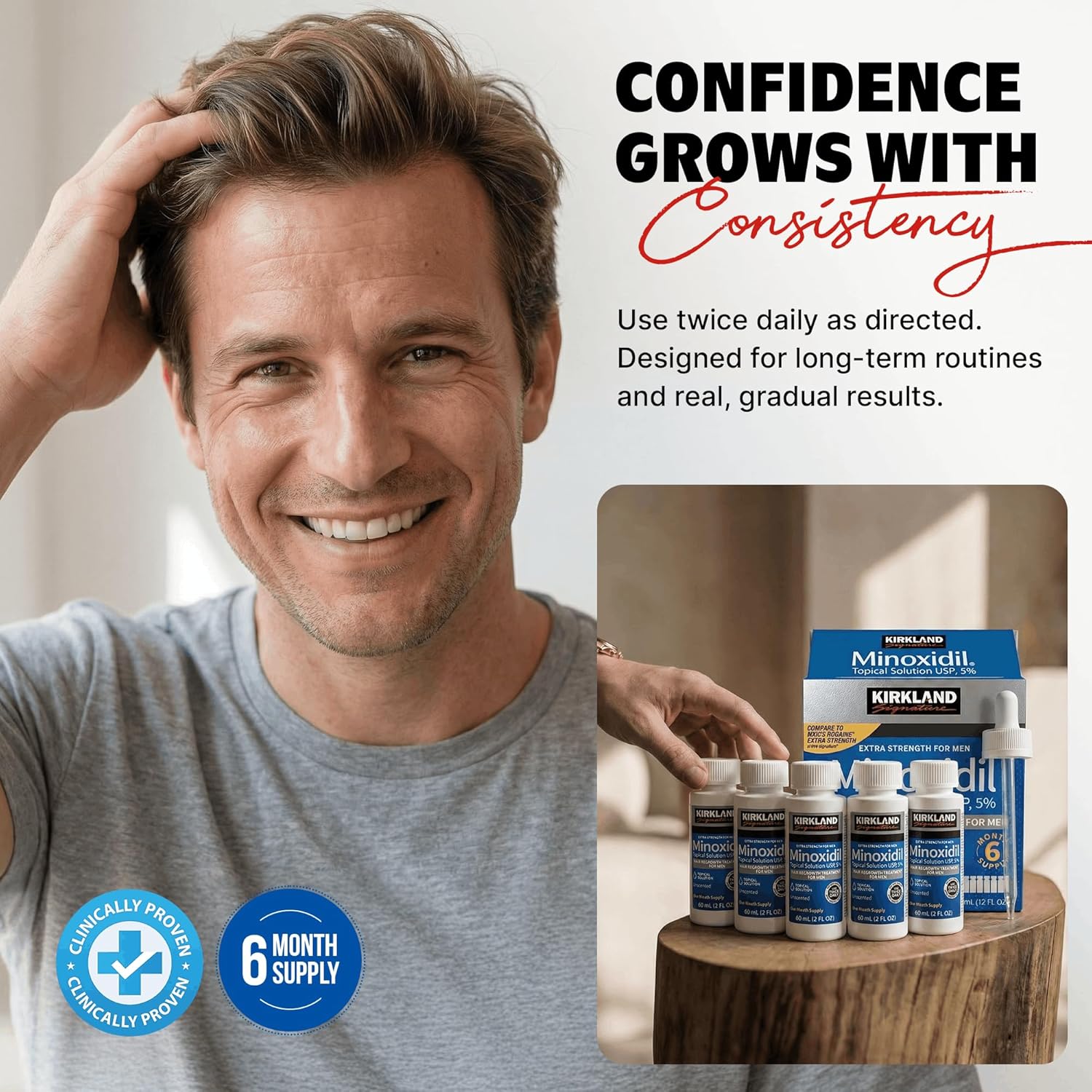 Kirkland Signature Minoxidil Solución tópica USP 5%, tratamiento de crecimiento capilar extra fuerte para hombres, suministro de 6 meses