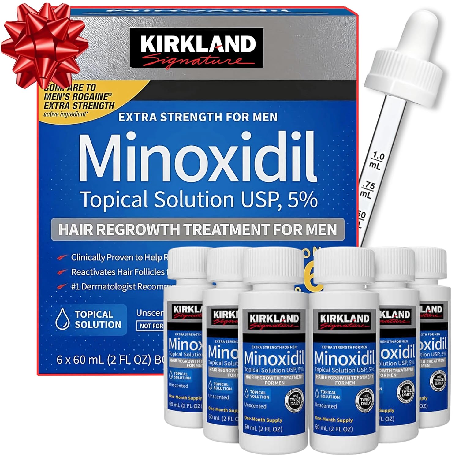 Kirkland Signature Minoxidil Solución tópica USP 5%, tratamiento de crecimiento capilar extra fuerte para hombres, suministro de 6 meses
