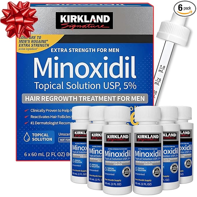Kirkland Signature Minoxidil Solución tópica USP 5%, tratamiento de crecimiento capilar extra fuerte para hombres, suministro de 6 meses