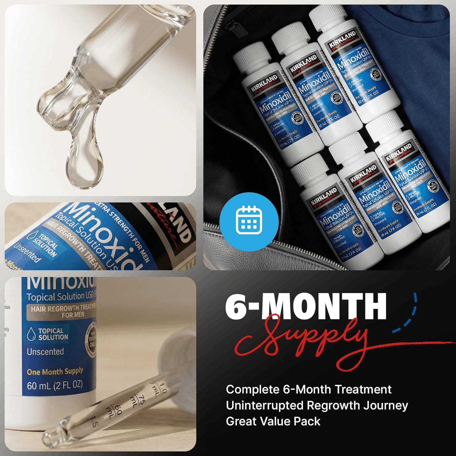 Kirkland Signature Minoxidil Solución tópica USP 5%, tratamiento de crecimiento capilar extra fuerte para hombres, suministro de 6 meses