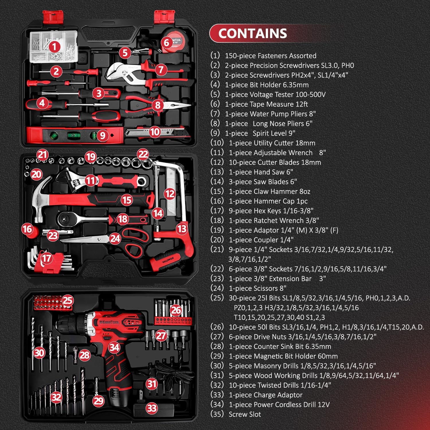 KingTool Juego de herramientas de 276 piezas – Kit de herramientas con taladro eléctrico inalámbrico de 12 V, caja de herramientas con cajón, juego de taladros perfecto para propietarios de viviendas, bricolaje, manitas