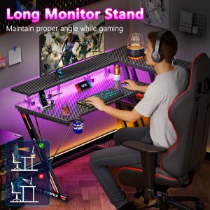 Korfile 47 Inch Gaming Desk with Power Outlet & LED Lights, Corner Computer Desk with 3 Tiers Storage Shelves, Home Office Desk with Monitor Stand for Small Space, Carbon Fiber Black