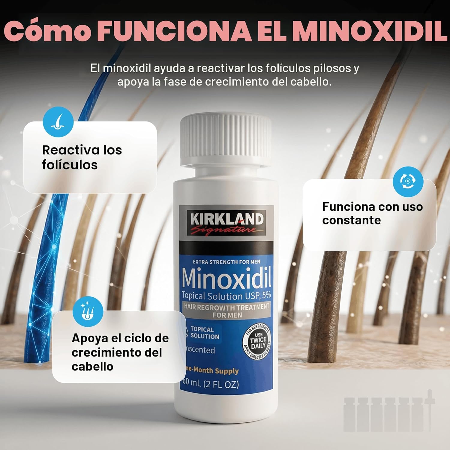 Kirkland Signature Minoxidil Solución tópica USP 5%, tratamiento de crecimiento capilar extra fuerte para hombres, suministro de 6 meses