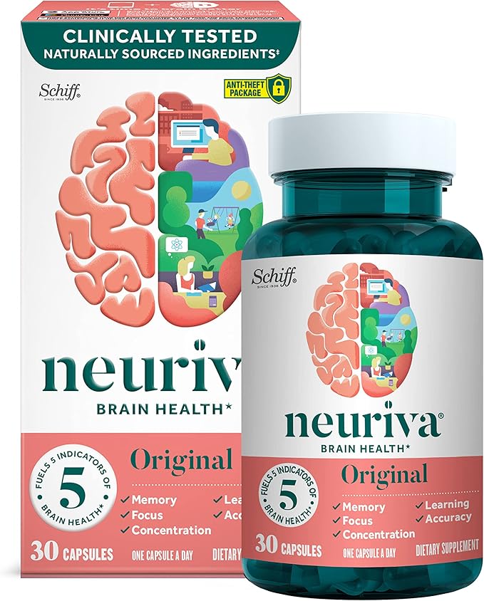 NEURIVA Suplemento cerebral original para memoria, enfoque y concentración, aprendizaje y precisión con nootrópicos clínicamente probados, fosfatidilserina y neurofactor, sin cafeína, cápsulas de 30 unidades
