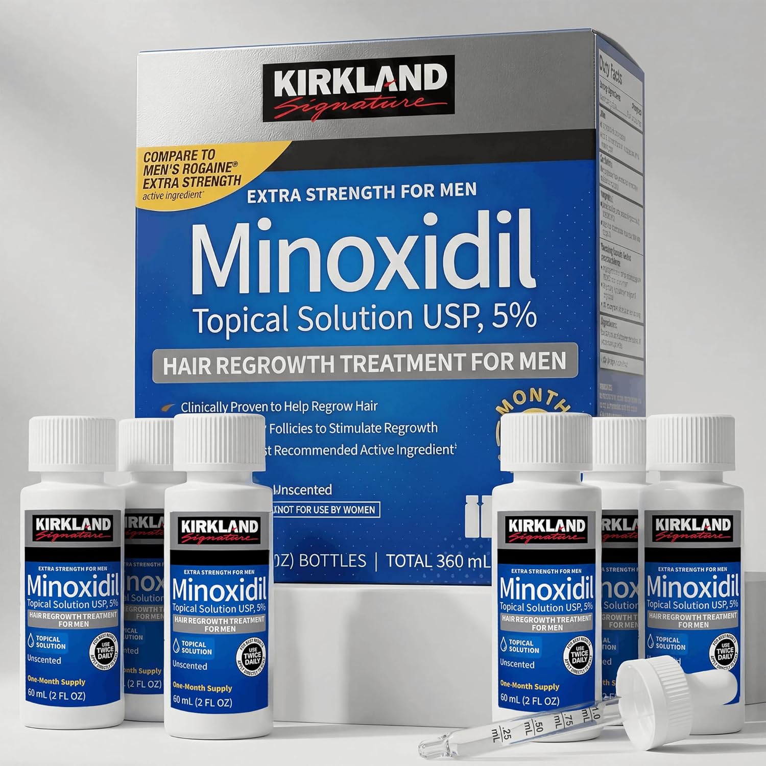 Kirkland Signature Minoxidil Solución tópica USP 5%, tratamiento de crecimiento capilar extra fuerte para hombres, suministro de 6 meses