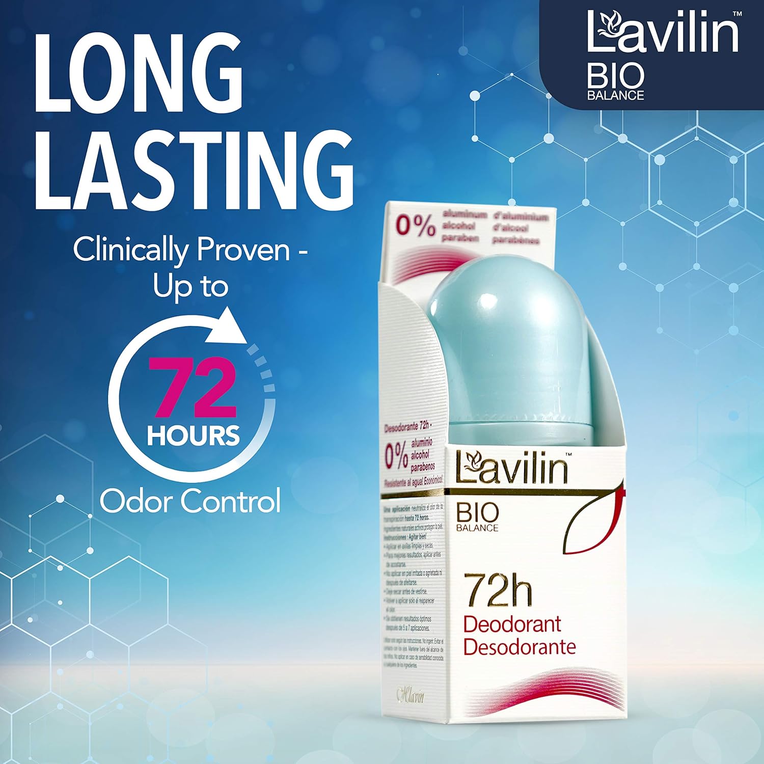 LAVILIN Roll On Deodorant for Women and Men - Aluminum Free Deodorant with Up to 72 Hour Long-Lasting Protection and Odor Control – Alcohol, Paraben and Cruelty FREE Sensitive Skin deodorant (2 oz)