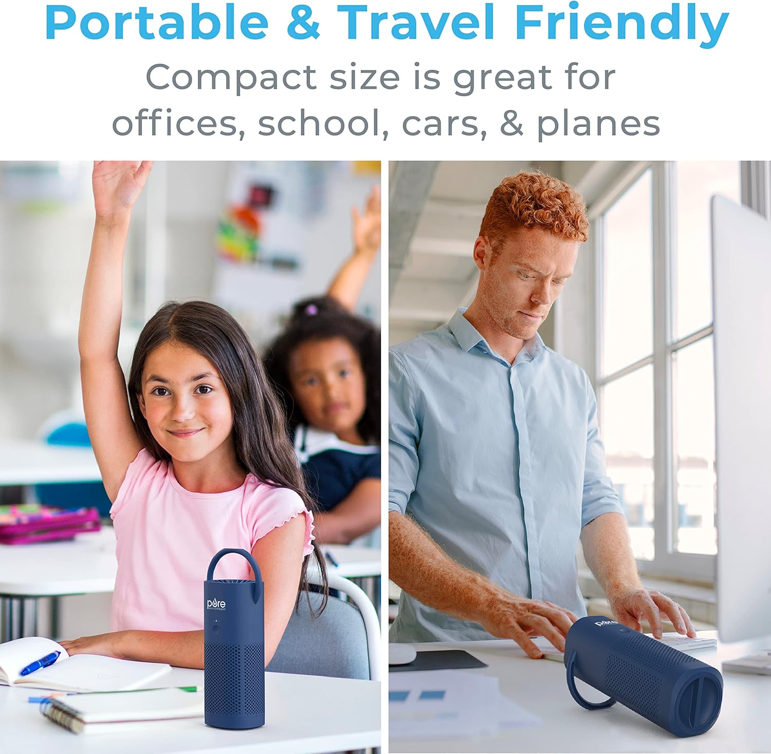 Pure Enrichment® PureZone™ - Minipurificador de aire portátil, filtro True HEPA inalámbrico que limpia el aire y elimina el 99.97 % del polvo, olores y alérgenos cercanos, para autos u oficina (azul)