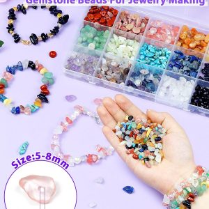 FIVEIZERO 600pcs Natural Chip Stone Beads 5-8mm - 15 Color Crystal Chip Beads for Jewelry Making, Valentine's Day Bracelet,DIY Irregular Gemstone Beads with Drilled Holes
