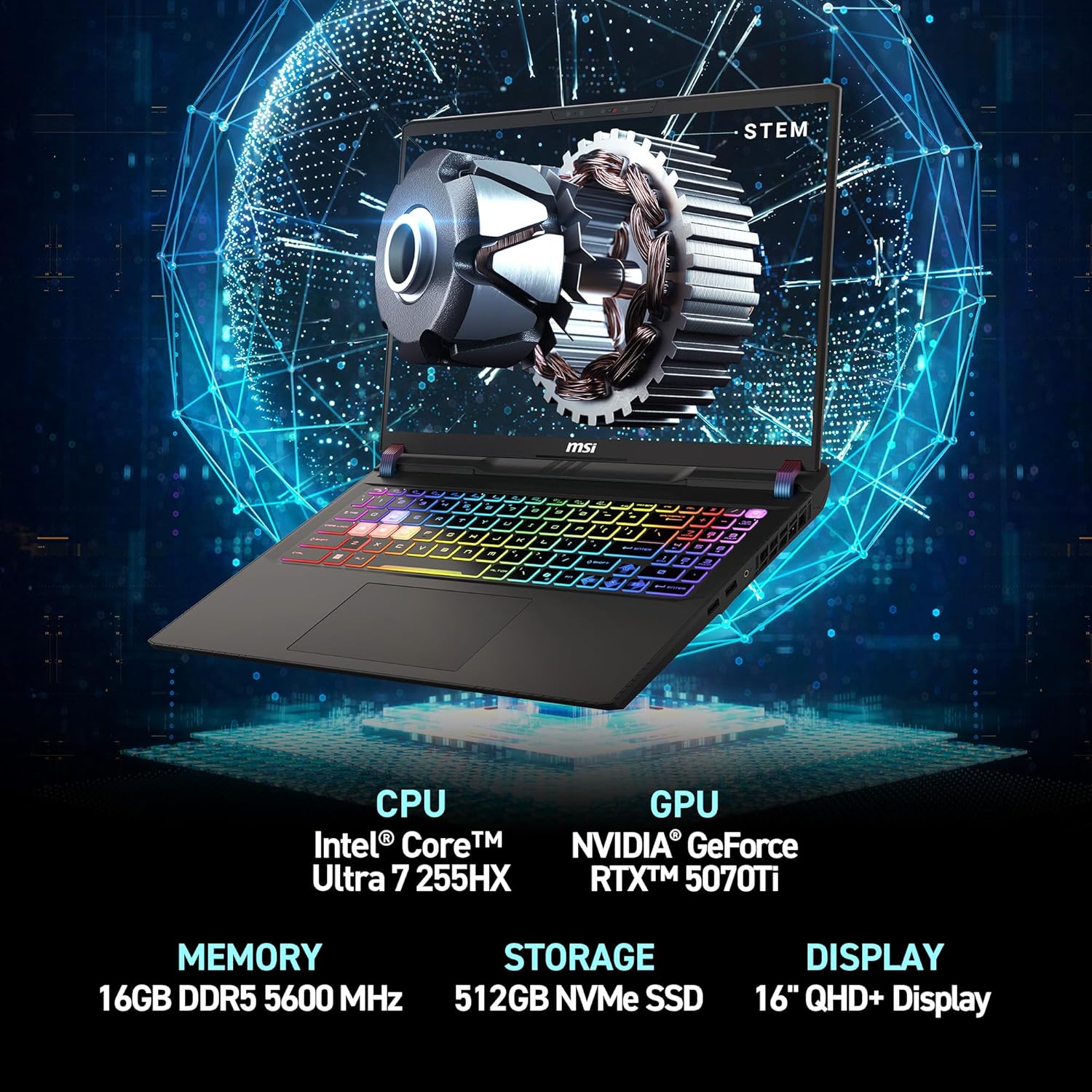 MSI Vector 16 HX AI 16” 144Hz FHD+ portátil para juegos: Intel Core Ultra 7-255HX, NVIDIA GeForce RTX 5070Ti, 16 GB DDR5, SSD NVMe de 512 GB, Thunderbolt 5, Wi-Fi 6E, Win 11 Home: Gris Cosmo A2XWHG