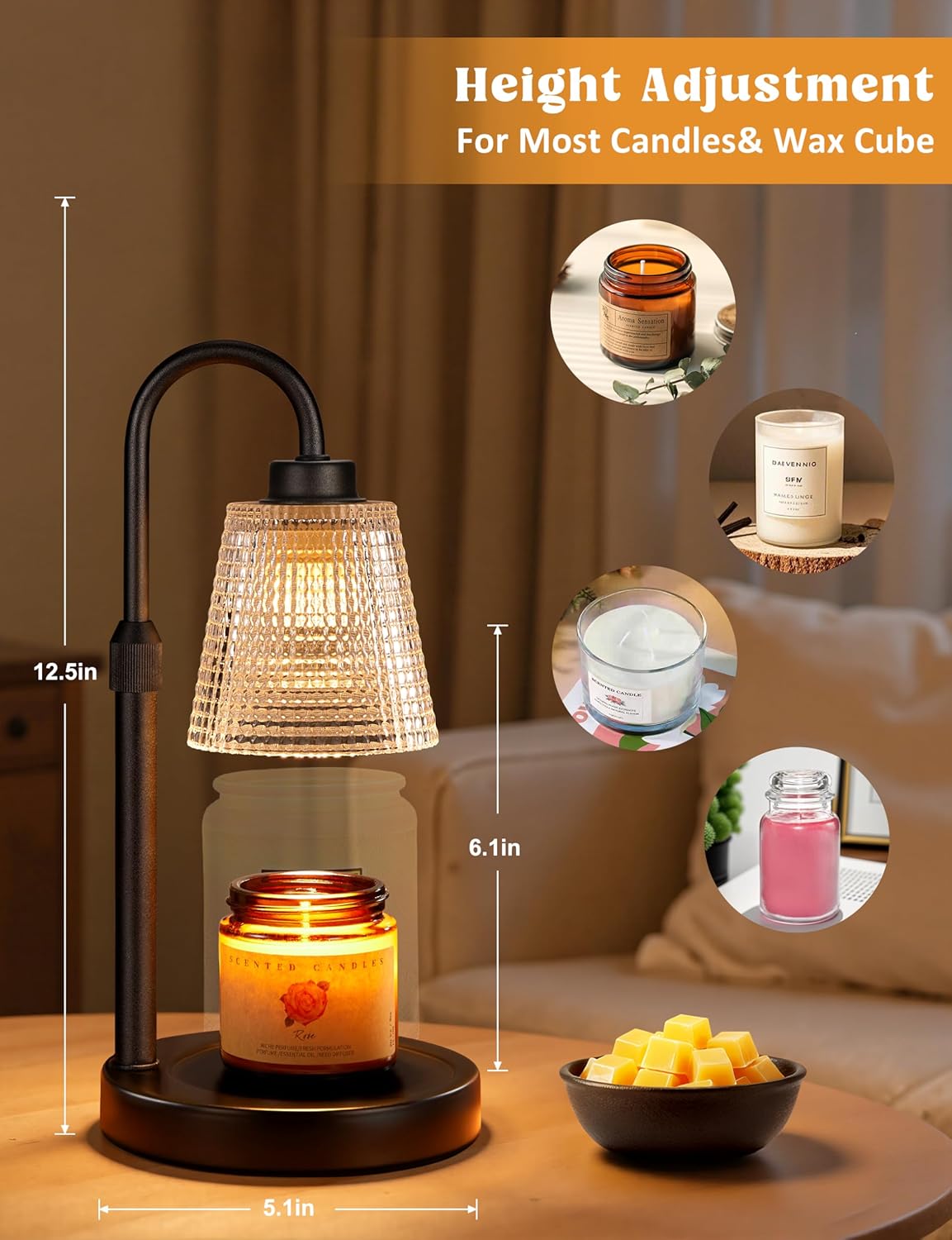 Lámpara calienta-velas Innqoo con temporizador, calentador de velas regulable para velas de tarro, calentador de cera derretida con altura ajustable, regalos de cumpleaños para mujeres y mamás