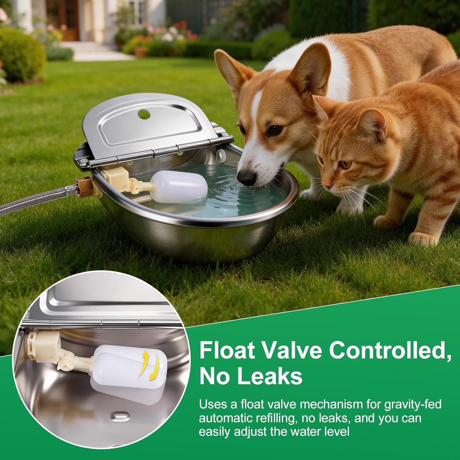 Dispensador automático de agua de metal para perros, bebedero de acero inoxidable resistente para exteriores, alimentador de agua para animales autolenado para perros y gatos con flotador y