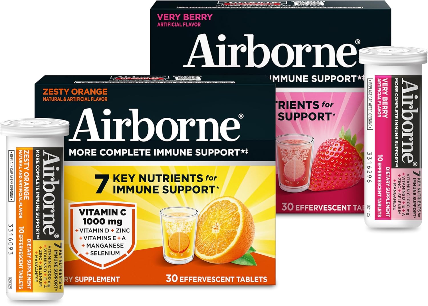 Airborne Variety Pack 1000mg Vitamin C with Vitamin D & Zinc, Sugar Free Multivitamin Immune Support Supplement, Antioxidants Vitamins A C & Vitamin E, 30 Effervescent Tablets, Citrus + Verry Berry