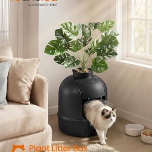 Feandrea Plant Cat Litter Box Enclosure with Artificial Plant, Enclosed Hidden Litter Box Furniture with Door, Carbon Filter, Odor Control, Pebbles, Scoop, Brush, Ink Black UPPT006B101