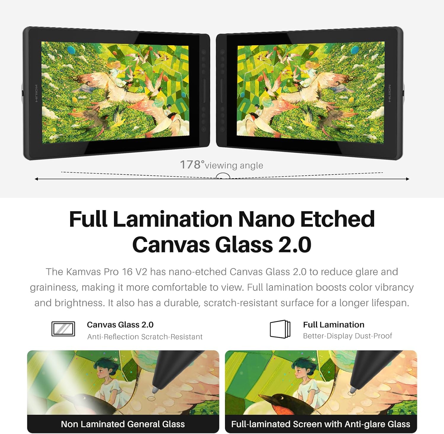 HUION Kamvas Pro 16 V2 Drawing Tablet with Screen 16K Levels PenTech 4.0 Battery-Free Pen, 15.6" Full-Laminated, Smart Touch Bar & 6 Keys Art Tablet Work with Windows, Mac and Linux