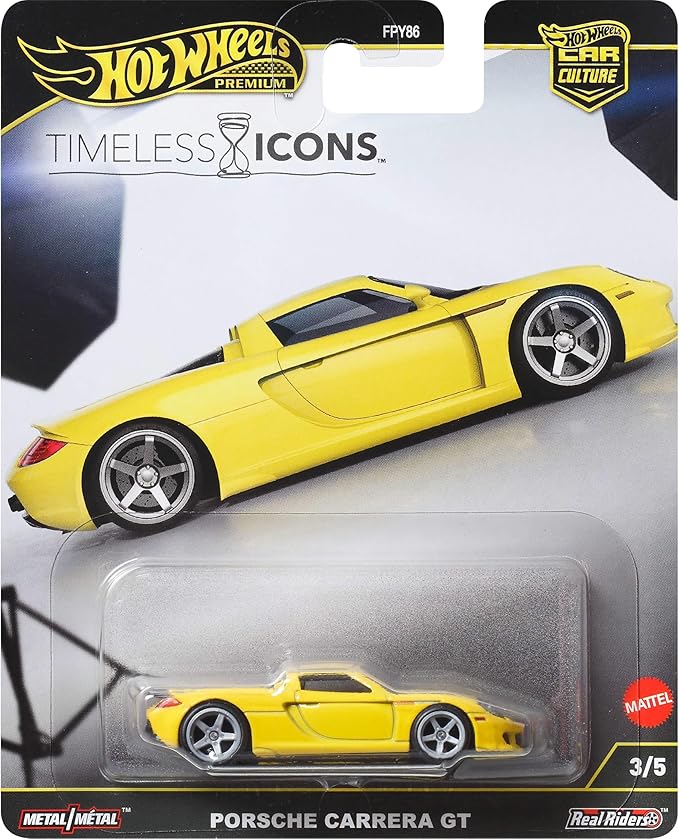 Hot Wheels Vehículo de Juguete Coleccionable Premium Car Culture, Porsche Carrera GT a Escala 1:64 Fundido a Presión, Vehículo de Iconos Atemporales con Neumáticos de Pilotos Reales