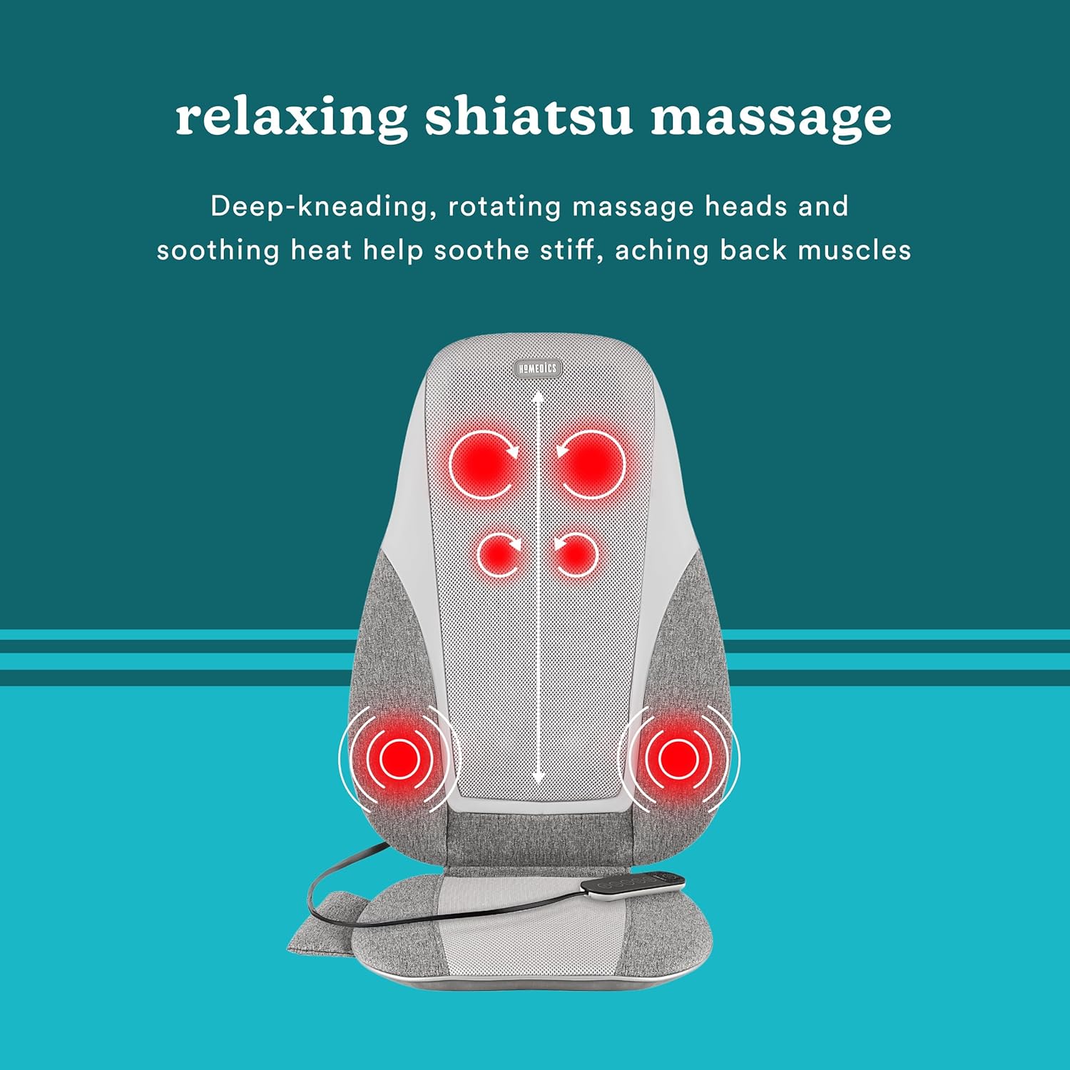 Homedics Shiatsu Back Massage Cushion with Heat, Deep Kneading & Vibration, Handheld Remote, Lumbar Vibration Waves, 3 Massage Zones, Upper, Lower,Full Back,Fits Most Chairs, Premium Fabric,Grey