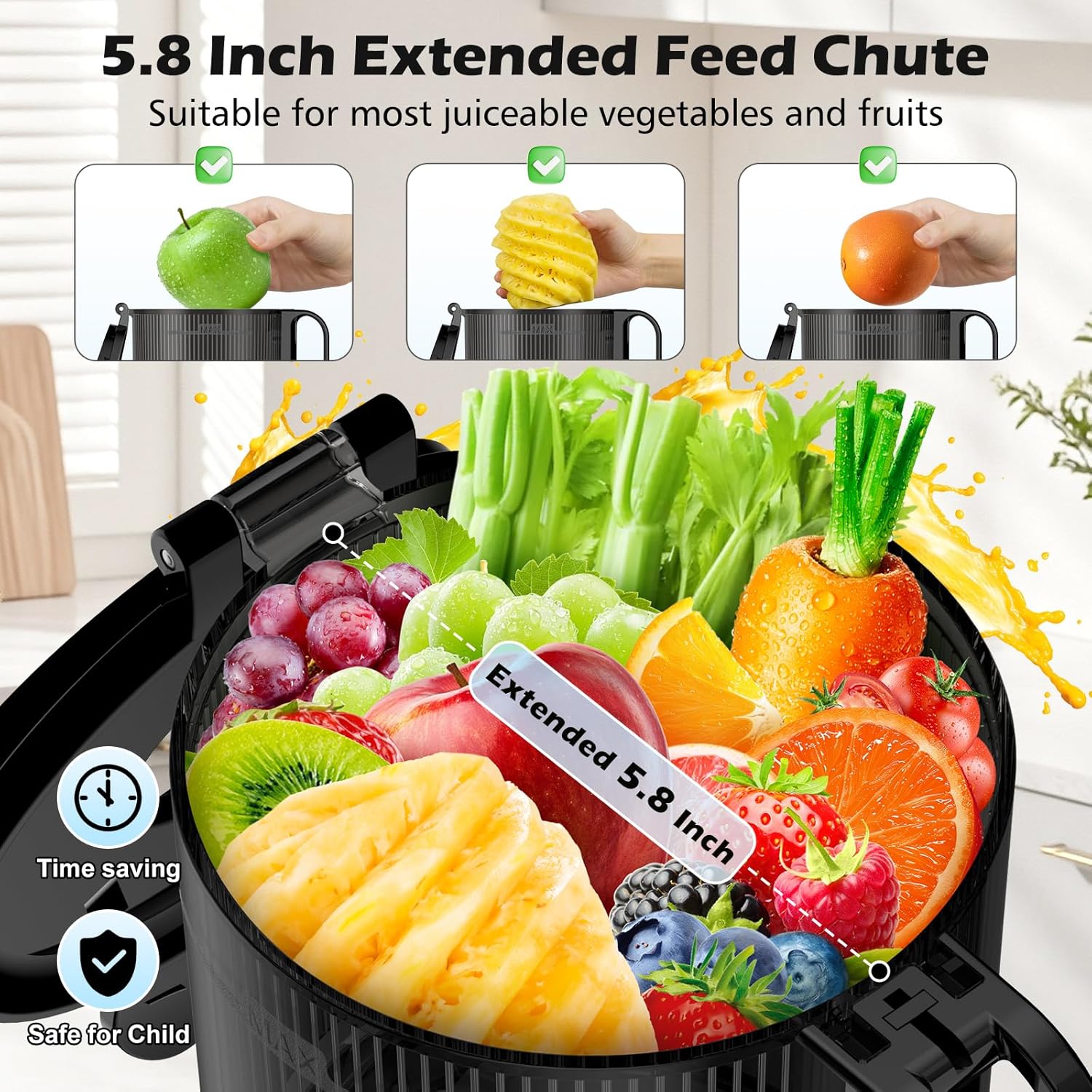 Máquinas exprimidoras con canal de alimentación grande de 5.8 pulgadas, exprimidor de prensa en frío para verduras y frutas enteras de 400 W, exprimidor de masticación lenta Máquina extractora de jugo