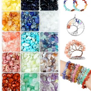 FIVEIZERO 600pcs Natural Chip Stone Beads 5-8mm - 15 Color Crystal Chip Beads for Jewelry Making, Valentine's Day Bracelet,DIY Irregular Gemstone Beads with Drilled Holes